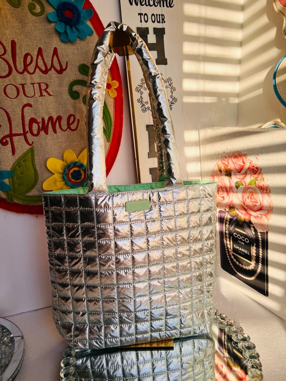 Clinique Metallic Silver Quilted Tote bag